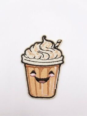 Smiling Frosted Coffee Cup Iron on Patch - Beige & Cream